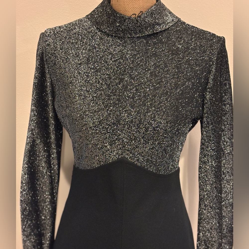 Vintage Long Black Knit Dress Silver Bodice Size Vintage 10 - Picture 2 of 11